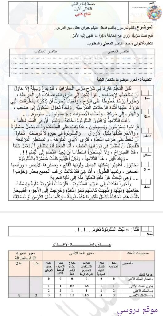 إنتاج كتابي سنة خامسة الثلاثي الأول