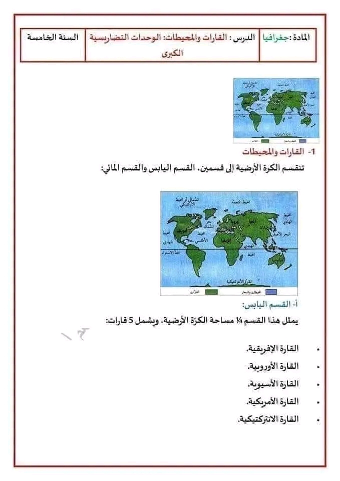 القارات والمحيطات سنة خامسة