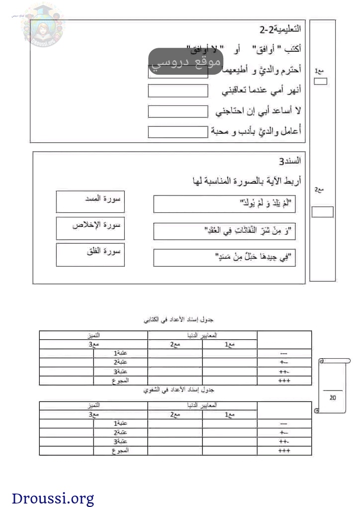 امتحان تربية اسلامية سنة أولى ابتدائي تونس الثلاثي الثاني